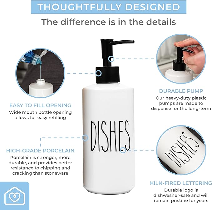 Heartland Home Porcelain 16oz Kitchen Soap Dispenser. Detergent Dispenser or Dish Soap Dispenser for Kitchen Sink. White Soap Dispenser, Modern Farmhouse Decor Dish Soap Pump for Kitchen Organization - Image 4