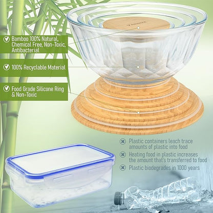 Large Stackable Set of 5 Nesting Glass Bowls with Bamboo Lids for Foodprep, Storage, Baking, Sourdough Mixing & Cooking. Microwave & Oven Safe Heat Resistant Inert Borosilicate Glass - Image 7