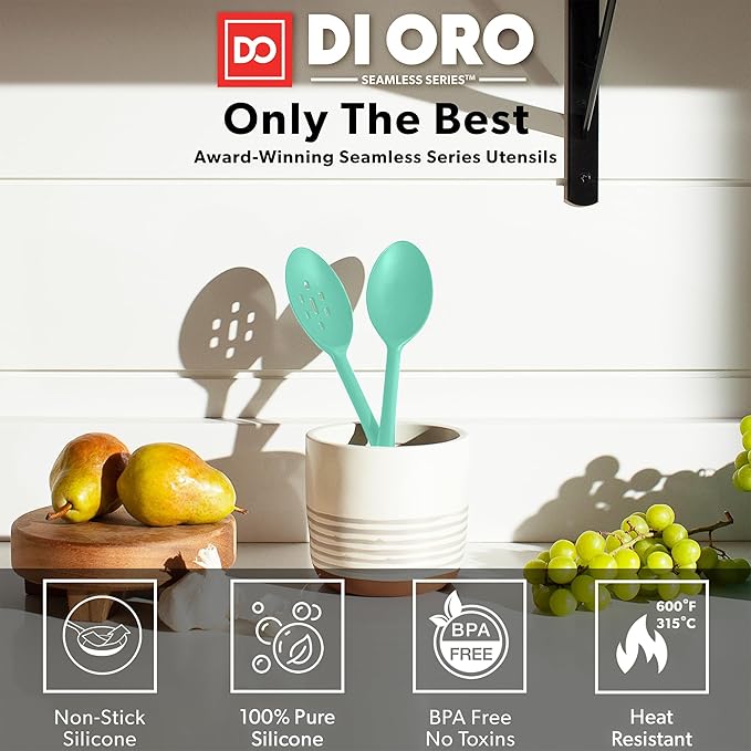 DI ORO Silicone Spoons for Cooking - Large Kitchen Spoons for Mixing, Serving, & Stirring - 600°F Heat-Resistant Non Stick Utensils – Big Solid & Slotted Basting Spoons - Dishwasher Safe (2pc, Mint) - Image 2