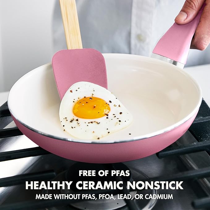GreenPan Rio Healthy Ceramic Nonstick 8" Frying Pan Skillet and Silicone Spatula Set, Soft Grip Handle, Breaktfast Meal Set, PFAS-Free, Dishwasher Safe, Oven Safe, Pink - Image 2