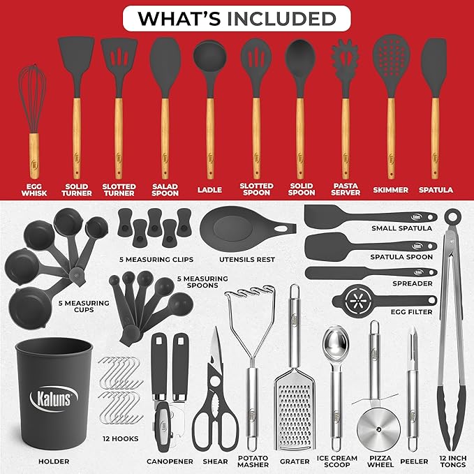 Kaluns 50 PCS Silicone Kitchen Utensils Set Complete Kitchen Set - 800°F Heat Resistant Non-Stick Premium Cooking Utensils W Wooden Handles - Can Opener, Masher, Turner, Silicone Spatula Set - Image 3