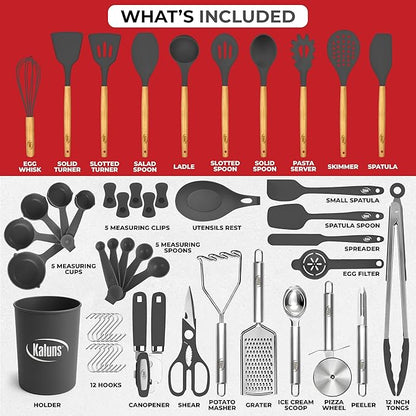 Kaluns 50 PCS Silicone Kitchen Utensils Set Complete Kitchen Set - 800°F Heat Resistant Non-Stick Premium Cooking Utensils W Wooden Handles - Can Opener, Masher, Turner, Silicone Spatula Set - Image 3
