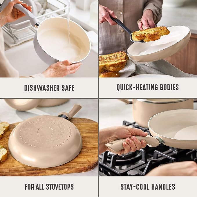 GreenLife 2-Piece Nonstick Frying Pan Set, 8” & 10” Skillets, Non-Toxic Ceramic Cookware, Dishwasher Safe, Stay-Cool Handles, Induction Ready, Fast Heating, Omelet Pan, PFAS Free, Beige Taupe