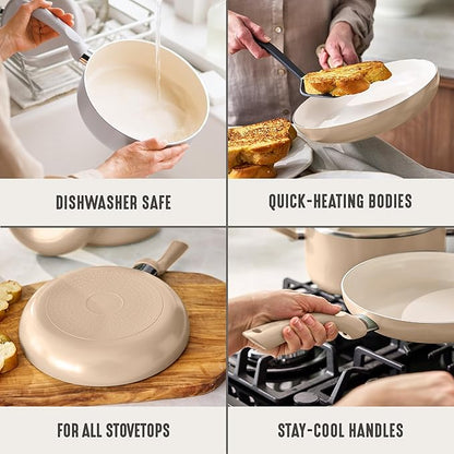 GreenLife 2-Piece Nonstick Frying Pan Set, 8” & 10” Skillets, Non-Toxic Ceramic Cookware, Dishwasher Safe, Stay-Cool Handles, Induction Ready, Fast Heating, Omelet Pan, PFAS Free, Beige Taupe