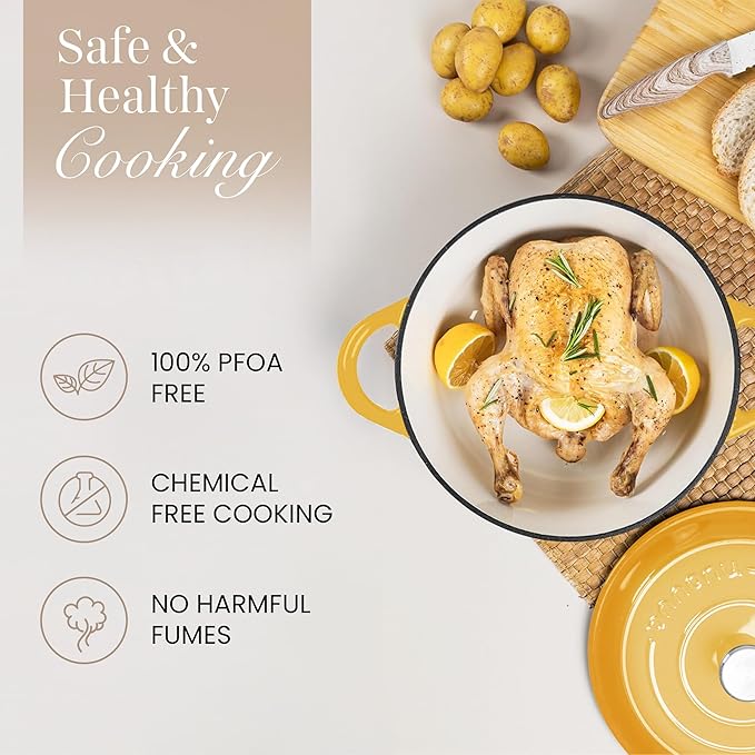 Nuovva Enamelled Cast Iron Dutch Oven Pot with Lid 6.4 Quart Non Stick Casserole Pot – Heavy Duty & Oven Safe up to 500° F for Bread Baking, Braising, Stews, Roasting – 28cm Yellow - Image 4