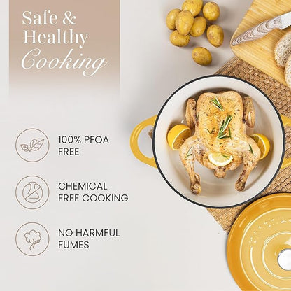 Nuovva Enamelled Cast Iron Dutch Oven Pot with Lid 6.4 Quart Non Stick Casserole Pot – Heavy Duty & Oven Safe up to 500° F for Bread Baking, Braising, Stews, Roasting – 28cm Yellow - Image 4