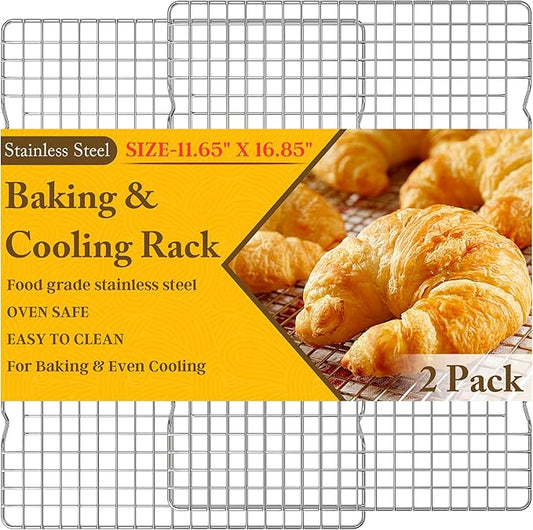 2PCS Cooling Racks for Cooking and Baking -11.65''x16.85''Heavy Duty Stainless Steel Wire Rack for Baking, Grilling, Roasting - Oven & Dishwasher Safe - Fits Half Sheet Pan（Silver） by QukakaHomeCare