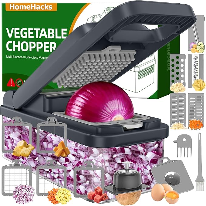 HomeHacks Vegetable Chopper Vegetable Cutter, 15 in 1 Kitchen Gadget, Dicer, Slicer, Onion Cutter, Salad, Cheese Grater & Egg Separator - Multi-Functional Veggie Chopper Lid with Handle (Grey) by HomeHacks