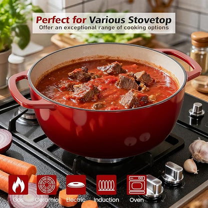 Umite Chef 6QT Enameled Cast Iron Dutch Oven with Lid, Versatile Heavy-Duty Cookware Pot for Baking Bread, Braising, Soups & Stews, Oven & Stovetop Safe with Heat Resistant Gloves（Red） - Image 2