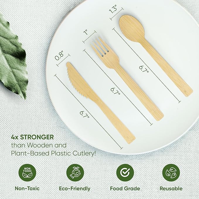 EcoPreps 100% Compostable Bamboo Cutlery Set (250 PCS - 125 Forks, 75 Spoons, 50 Knives) Eco-Friendly, Natural, Biodegradable Disposable Utensils Set | Bamboo Disposable Forks, Knives, and Spoons Sets - Image 4