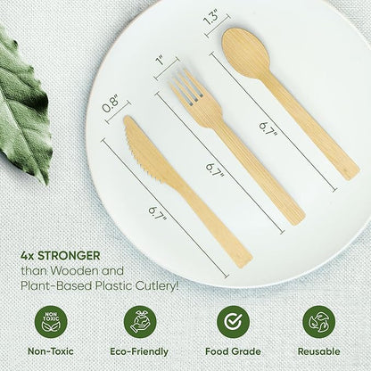 EcoPreps 100% Compostable Bamboo Cutlery Set (250 PCS - 125 Forks, 75 Spoons, 50 Knives) Eco-Friendly, Natural, Biodegradable Disposable Utensils Set | Bamboo Disposable Forks, Knives, and Spoons Sets - Image 4