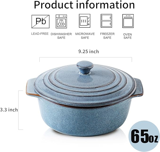 HVH Ceramic Casserole Dish with Lid Oven Safe, 2 Quart Round Casseroles Dish Set, 9 Inches Round Baking Dish with Lid Oven Safe, Deep Casserole Dishes for Oven with Lids for Dinner Party (Wabi sabi) - Image 4