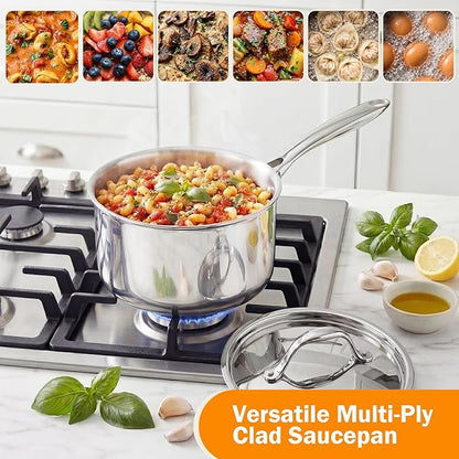 Cooks Standard Stainless Steel Sauce Pan with Lid, 3 Quarts Tri-Ply Clad Saucepan, Small Kitchen Induction Pot, Dishwasher & Oven Safe, Compatible with All Cooktops