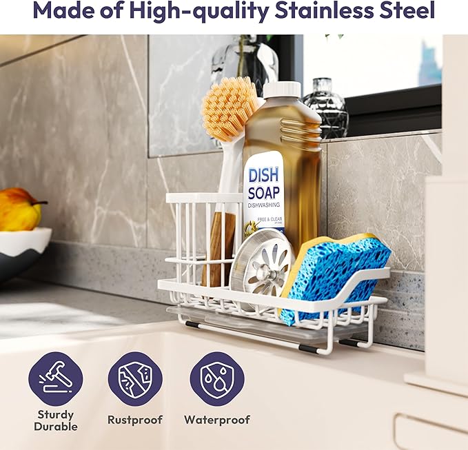 SWTYMIKI Sink Caddy Sponge Holder - Kitchen Sink Organizer with High Brush Holder for Countertop to Hold Dish Soaps and Sponges, Stainless Steel, White - Image 3