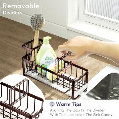 SWTYMIKI Sponge Holder for Kitchen Sink - Sink Caddy with Brush Holder Self-draining Sponge Caddy Organizer with Divider Stainless Steel Kitchen Accessories Storage for Countertop, Bronze - Image 4