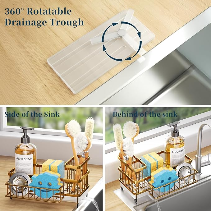 Consumest Sponge Holder for Kitchen Sink - Auto Draining Sink Caddy Organizer with Detachable Rack, High Brush Holder, Kitchen Countertop Storage Accessories, Gold - Image 2
