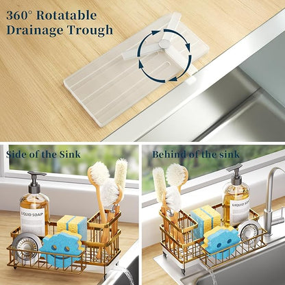 Consumest Sponge Holder for Kitchen Sink - Auto Draining Sink Caddy Organizer with Detachable Rack, High Brush Holder, Kitchen Countertop Storage Accessories, Gold - Image 2