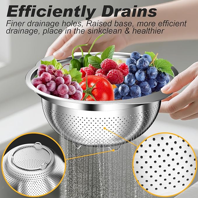 Colander, Stainless Steel Colander for Kitchen, 3Pcs Kitchen Gadget Food Strainer Basket with Handle, Kitchen Strainer Colanders Bowl for Pasta Noodles Spaghetti Vegetables Fruit (2QT, 3QT, 5QT) - Image 5