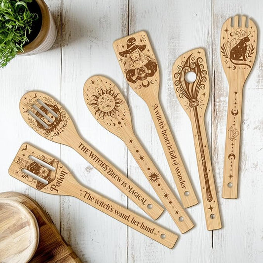 CUTHOLLOW 6PCS Magic Witch and Broom Wooden Kitchen Cooking Utensil Set, 11.9in Non Toxic Bamboo Wood Spoon Set for Cooking, Best Housewarming Birthday Thanksgiving Christmas Gift for Women Mother