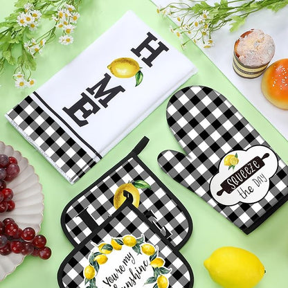 5 Pieces Buffalo Plaid Kitchen Towels Oven Mitts and Pot Holder Set Black and White Kitchen Towels Oven Gloves, Hot Pads Pot Holders for Farm House Accessories Decor(Lemon) - Image 4
