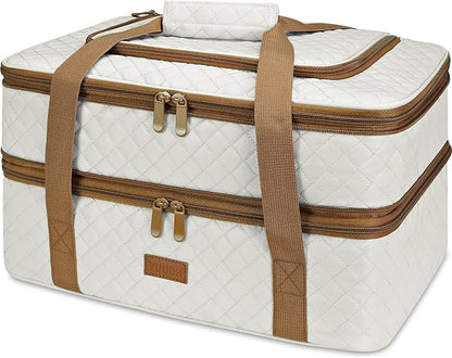 Quilted Insulated Double Casserole Carrier - Thermal Lunch Tote for Potluck Parties, Picnic, Beach, Fits 9 x 18 Inches Baking Dish, Casserole Dish, Expandable (Beige)