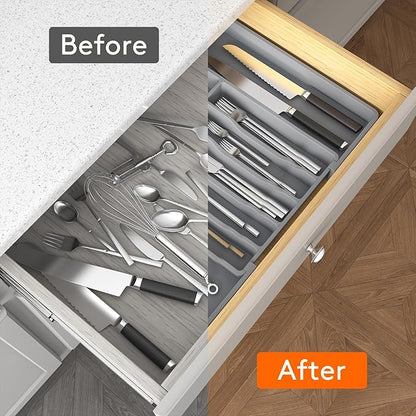 Lifewit Silverware Drawer Organizer, Expandable Utensil Tray for Kitchen, BPA Free Flatware and Cutlery Holder, Adjustable Plastic Storage for Spoons Forks Knives, 33 -57 x 42cm, Gray - Image 6
