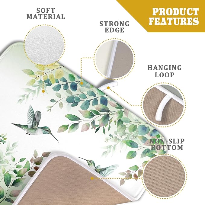Giwawa Hummingbird Dish Drying Mat for Kitchen Countertop, Spring Summer Sage Green Eucalyptus Leaves Dish Drainer Mats, Herb Botanical Microfiber Dish Drying Pad Home Decor, 16"x18", Small