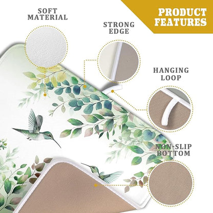 Giwawa Hummingbird Dish Drying Mat for Kitchen Countertop, Spring Summer Sage Green Eucalyptus Leaves Dish Drainer Mats, Herb Botanical Microfiber Dish Drying Pad Home Decor, 16"x18", Small