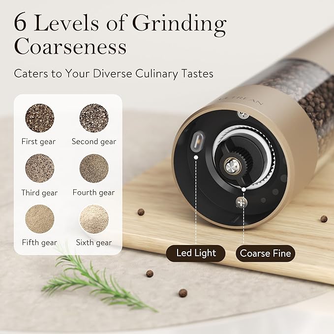 Ultrean Pepper Grinder, Rechargeable Salt and Pepper Grinder Set with 6 Adjustable Coarseness, LED Light, Electric Pepper Mill, Essentials for New Home Housewarming, Brown - Image 3