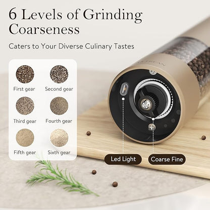 Ultrean Pepper Grinder, Rechargeable Salt and Pepper Grinder Set with 6 Adjustable Coarseness, LED Light, Electric Pepper Mill, Essentials for New Home Housewarming, Brown - Image 3