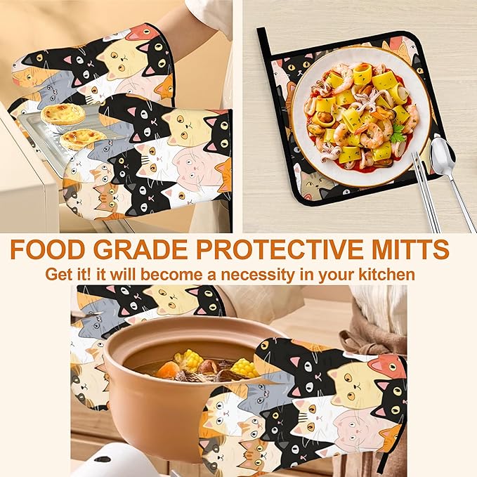 Cute Cats Oven Mitts with Matching Potholders - Heat Resistant Kitchen Accessories for Baking, Grilling, Cooking, Gifts for Women