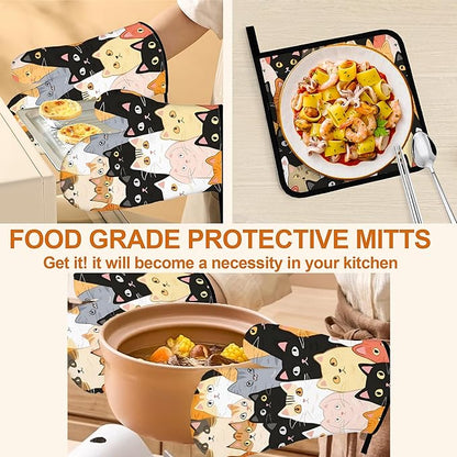 Cute Cats Oven Mitts with Matching Potholders - Heat Resistant Kitchen Accessories for Baking, Grilling, Cooking, Gifts for Women