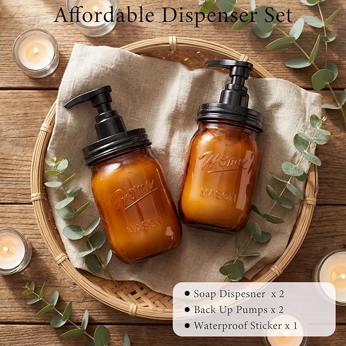 Amolliar Plastic Mason Jar Soap Dispenser with Pump Lid,16OZ Refillable Hand Soap Dispenser Set with Cute Lables - Farmhouse Decor for Kitchen Bathroom, Liquid Soap, Dish Soap, Lotion (2 Pack, Amber) - Image 7