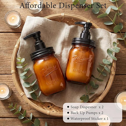Amolliar Plastic Mason Jar Soap Dispenser with Pump Lid,16OZ Refillable Hand Soap Dispenser Set with Cute Lables - Farmhouse Decor for Kitchen Bathroom, Liquid Soap, Dish Soap, Lotion (2 Pack, Amber) - Image 7
