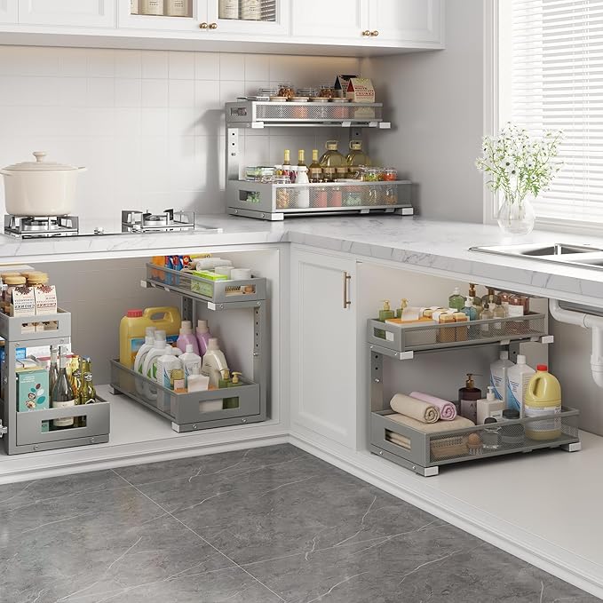 2 Pack 17IN Depth Under Sink Storage Organizer, Large 2-Tier Elegant Mesh Pull Out Shelf for Kitchen and Bathroom Cabinet Organization, L-Shaped and Adjustable Height Design-Gun Gray - Image 6