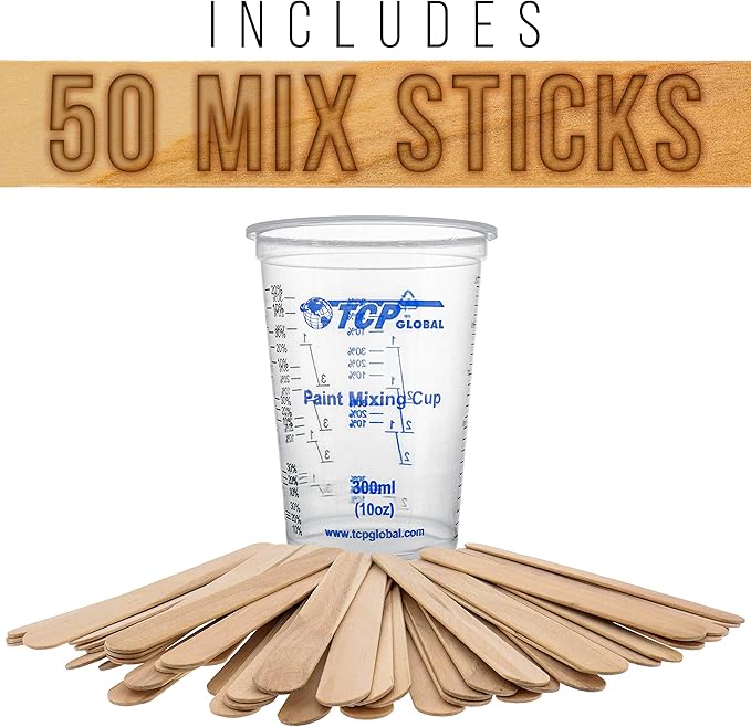 TCP Global 10 oz. (300ml) Graduated Plastic Mixing Cups - Box of 100 with 50 Mixing Sticks - Disposable Plastic Measuring Cups for Liquids, Paints, Resin, Epoxy, Art, Kitchen - Ratios 2-1, 3-1, 4-1 ML - Image 5