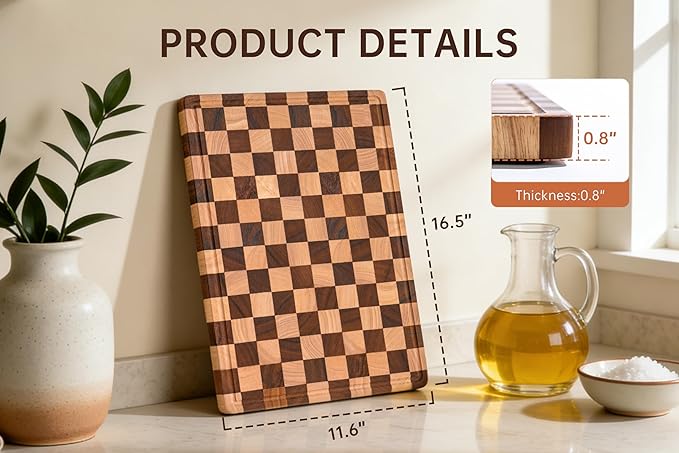 Checkered Cutting Boards for Kitchen, Wooden Chopping Board with Juice Grooves & Handles, Acacia Decorative Cutting Board Butcher Block Serving Tray with Gift Box, 16.5" x 11.6" x 0.8" - Image 3