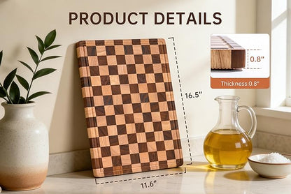 Checkered Cutting Boards for Kitchen, Wooden Chopping Board with Juice Grooves & Handles, Acacia Decorative Cutting Board Butcher Block Serving Tray with Gift Box, 16.5" x 11.6" x 0.8" - Image 3