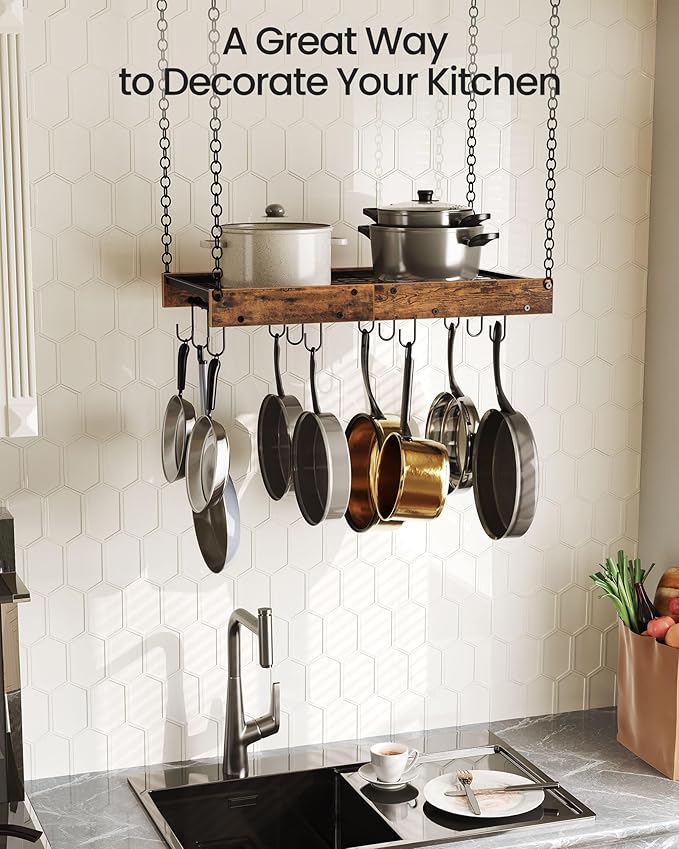 CHOEZON Hanging Pot Rack, Vintage Pot Hangers for Kitchen, Ceiling Mounted Pot Rack, Pot and Pan Hanging Rack with 12 S-Shaped Hooks, for Cookware Storage, Rustic Brown and Black TPR01BF - Image 4