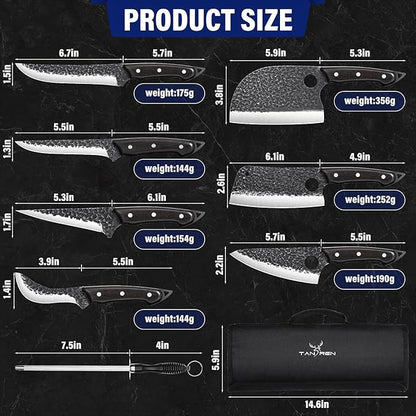 TAN REN Butcher Knife Set for Meat Cutting, 7PCS Professional Serbian Chef Knife Set with Bag, Hand Forged Viking Kitchen Knives
