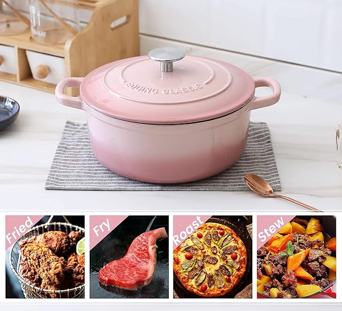 EDGING CASTING Enameled Cast Iron Covered 5.5 Quart Dutch Oven with Dual Handle, Dutch Ovens with Lid for Bread Baking, Pink - Image 6