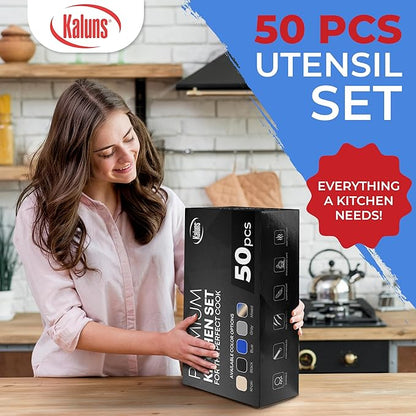 Kaluns 50 PCS Silicone Kitchen Utensils Set Complete Kitchen Set - 800°F Heat Resistant Non-Stick Premium Cooking Utensils W Wooden Handles - Can Opener, Masher, Turner, Silicone Spatula Set - Image 4