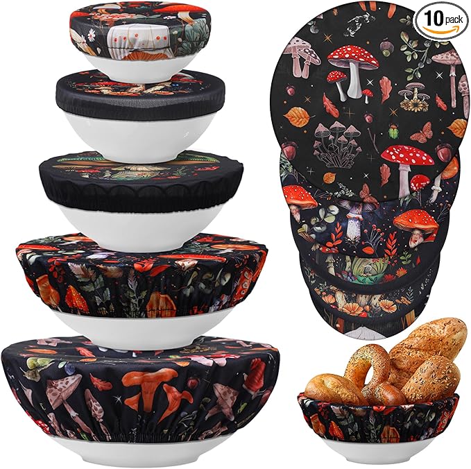 Patelai 10 Pcs Bowl Covers Reusable in 5 Size Stretch Cloth Fabric Elastic Food Storage Bowl Covers Bread Sourdough Lids for Proofing Food Fruits Leftover(Deep Color,Mushroom Style) by Patelai