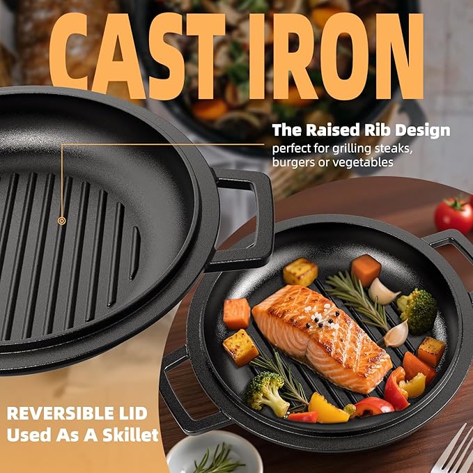 Cast Iron Dutch Oven Pot with Skillet Lid – Pre-Seasoned – Skillet Lid Cooking Pan– PFAS-Free –Umite Chef Cast Iron Skillet Cookware for Bread, Frying, Baking – Dual Handles – Oven, Grill, Campfire & Stovetop Safe – Durable & Non-Toxic, 5QT - Image 6
