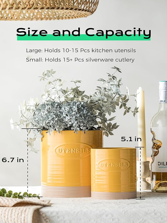 YHOSSEUN Kitchen Utensil Holder Set of 2, Ceramic Utensil Holder for Kitchen Counter, 6.7"+5.1" Cooking Utensil Crocks for Spatula, Oval Opening, Yellow - Image 4
