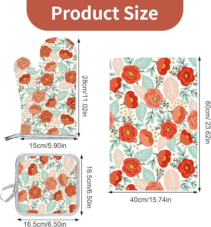 3 Pcs Kitchen Stuff, Kitchen Oven Mitts and Pot Holders Sets with Microfiber Wild Floral Kitchen Towels, Kitchen Accessories,Gifts for Women