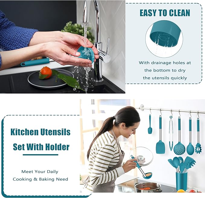 E-far 14 Pieces Silicone Cooking Utensils Set, Kitchen Utensils Set with Holder, Spatula, Ladle, Spoon, Tong, Slotted Turner for Nonstick Cookware, 446°F Heat Resistant & Stainless Steel Handle, Blue - Image 7
