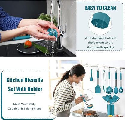 E-far 14 Pieces Silicone Cooking Utensils Set, Kitchen Utensils Set with Holder, Spatula, Ladle, Spoon, Tong, Slotted Turner for Nonstick Cookware, 446°F Heat Resistant & Stainless Steel Handle, Blue - Image 7