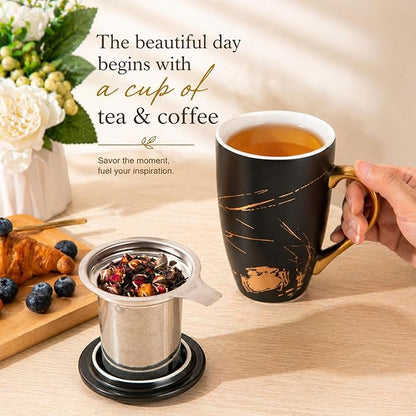 AmorArc Ceramic Tea Cup with Infuser and Lid, 17 Oz, Ceramic Cup with Handle for Steeping Loose Leaf Teas, Steeping Tea Mug with Strainer, Black