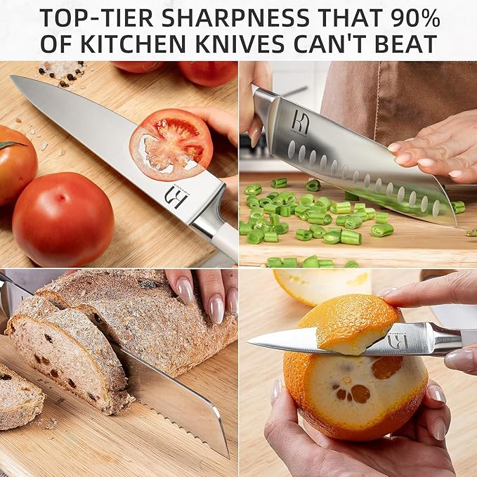 KnifeSaga Kitchen Knife Set Premium, Japanese High Carbon Stainless Steel 15 Pcs Enduring Ultra Sharp Knife Block Set with Sharpener and Wood Block, Professional White Chef Knives set for Kitchen
